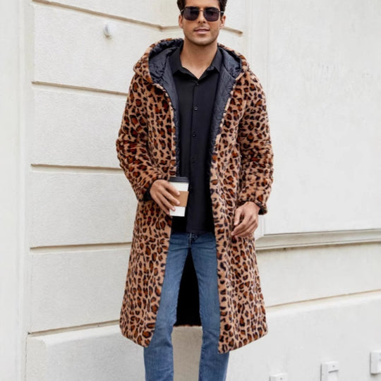 Herren Eleganter Kunstfellmantel mit Leopardenmuster EB