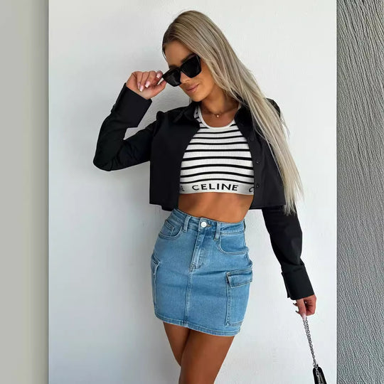 Damen cropped Bluse mit elegantem Kragen und schimmerndem Finish EB