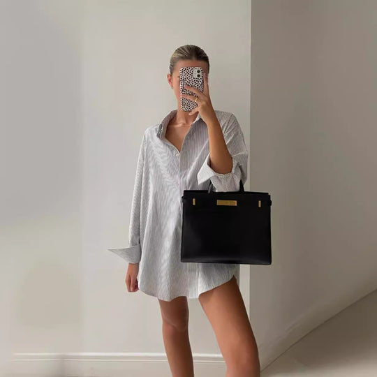 Damen Oversized Hemdbluse mit Streifenmuster und abgerundetem Saum EB