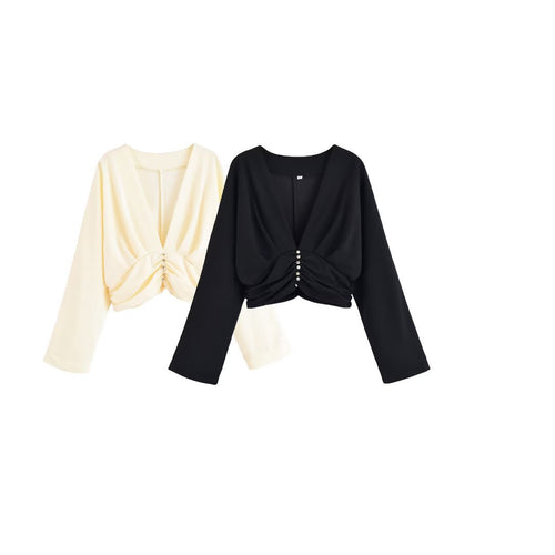 Damen legeres Blusenshirt mit Raffung und tiefem V-Ausschnitt EB