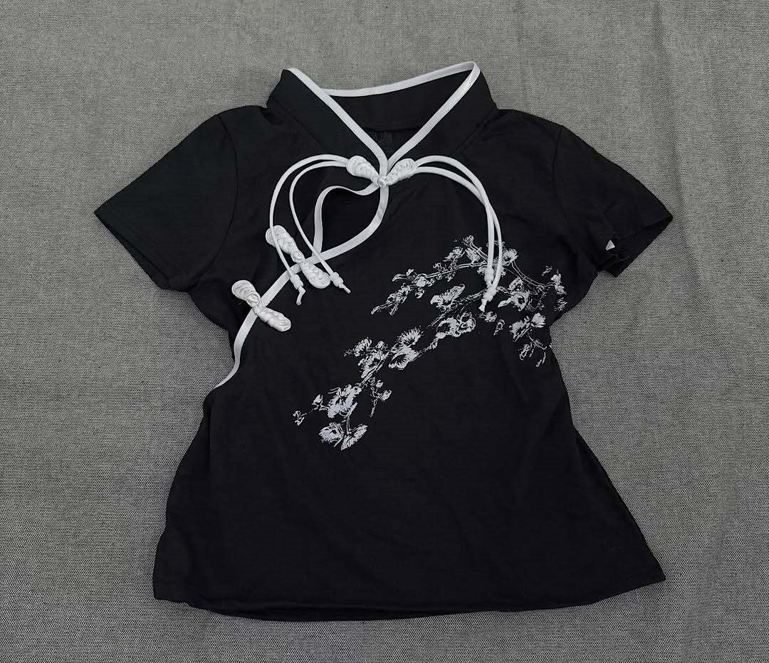 Damen Modernes Chinesisches Kurzarm-T-Shirt mit kreativem Knotendesign EB