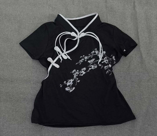 Damen Modernes Chinesisches Kurzarm-T-Shirt mit kreativem Knotendesign EB