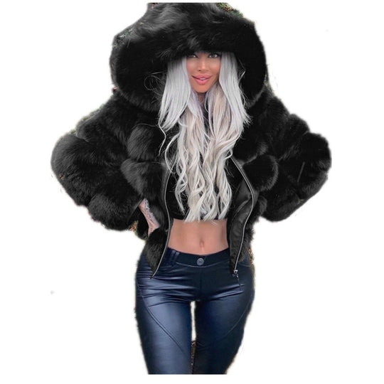 Damen Kuschelige Kunstfelljacke mit voluminösem Kapuzenkragen EB