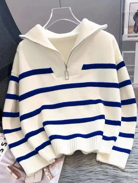 Damen Gestreifter Halb-Reißverschluss Strickpullover mit Rippenkragen EB