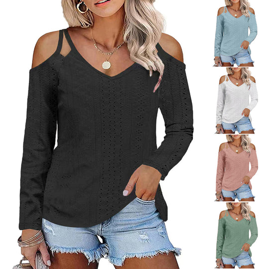 Damen Boho V-Ausschnitt Oberteil mit Off-Shoulder-Ärmeln und feinem Strukturdesign EB