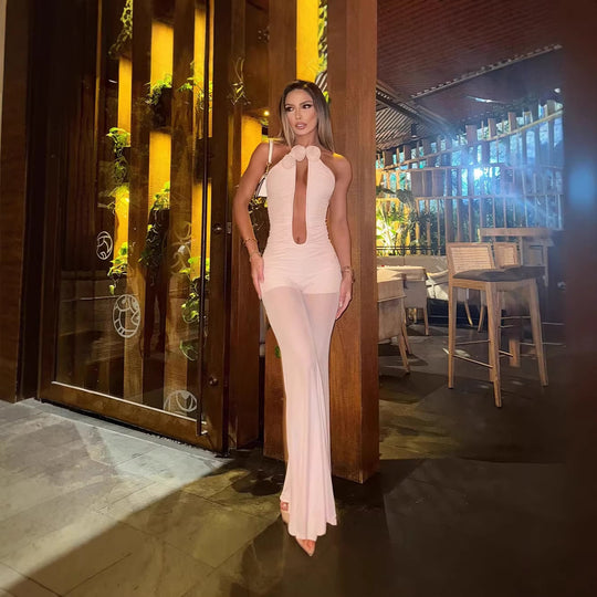 Damen Jumpsuit mit tiefem Ausschnitt und floralen Akzenten EB