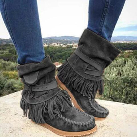 Damen Mokassin-Stiefel mit fransigen Details und modischer Schnalle EB