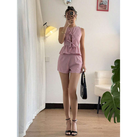 Damen Sommerliches Zweiteiliges Set mit Rüschendetails und verziertem Oberteil EB