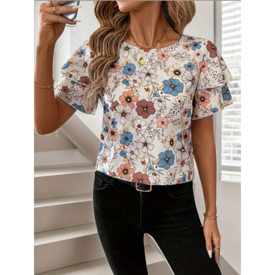 Damen Kurzarm-Bluse mit Volant und floralem Muster EB