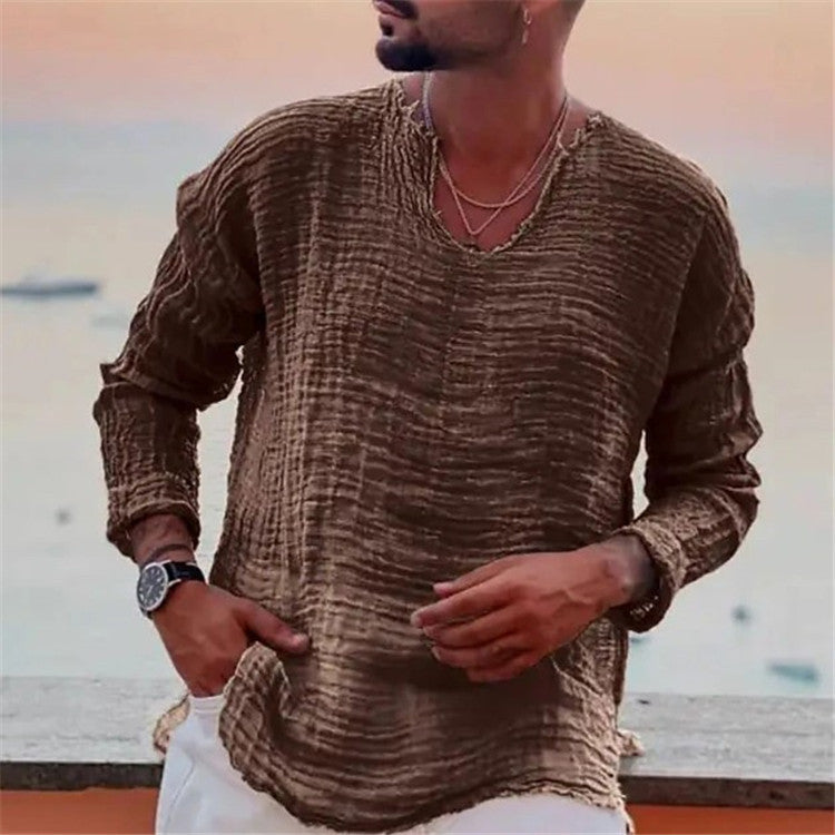 Herren lässiges V-Neck Leinenhemd EB