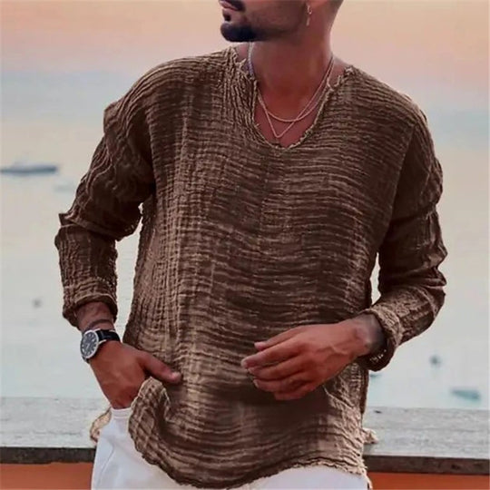Herren lässiges V-Neck Leinenhemd EB