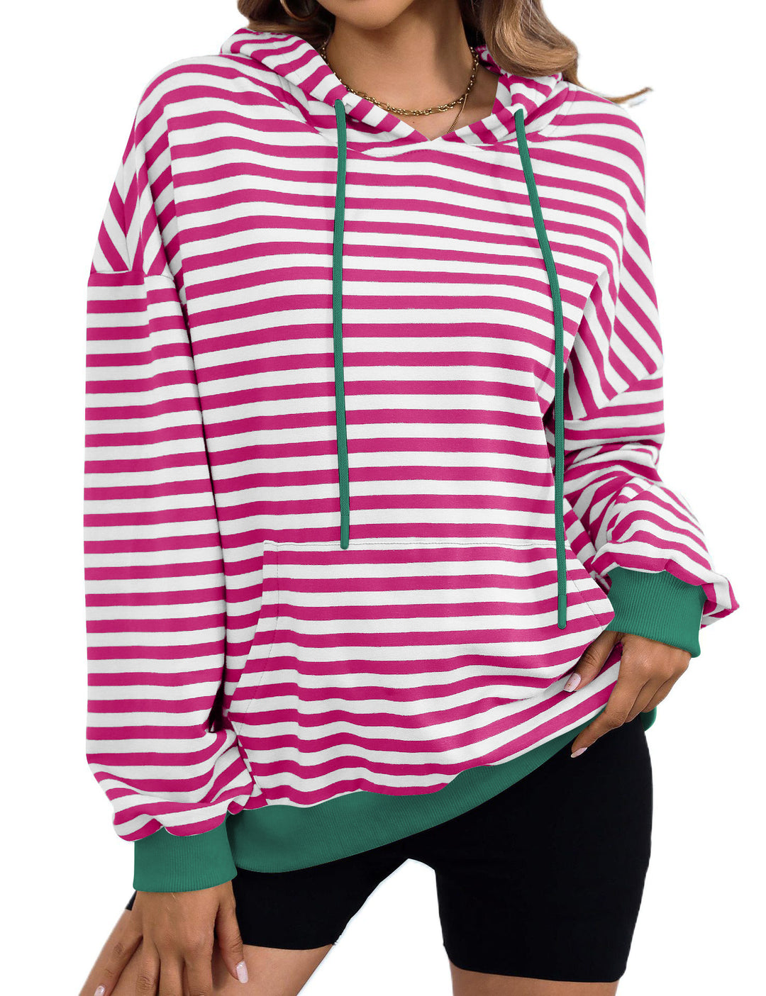 Damen gestreifter Kapuzenpullover mit stylischer Kängurutasche EB