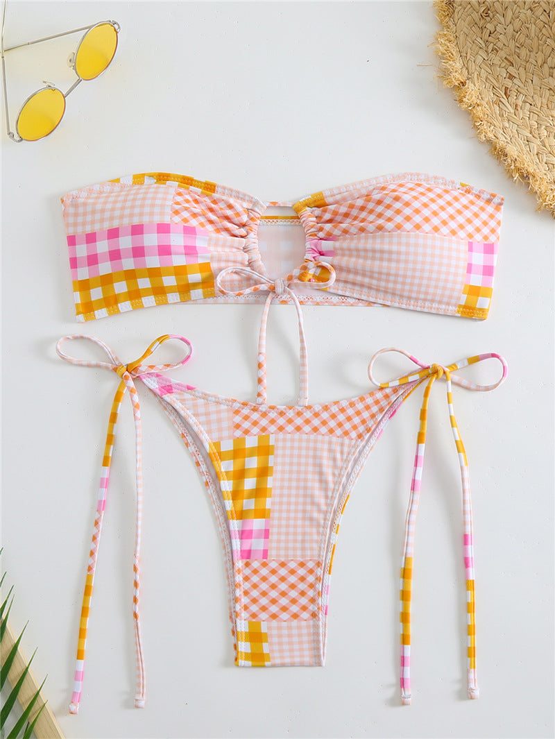 Damen Bikini-Set mit verspieltem Karomuster und verstellbaren Bindebändern EB