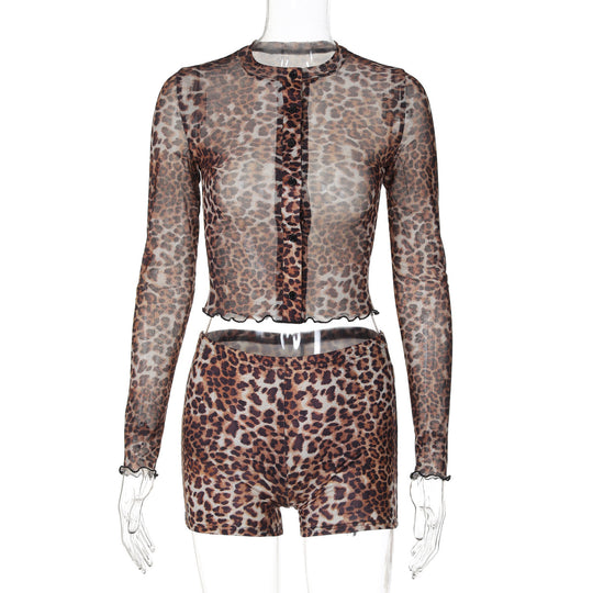 Damen Transparente Leopardenmuster Bluse und Short Set EB