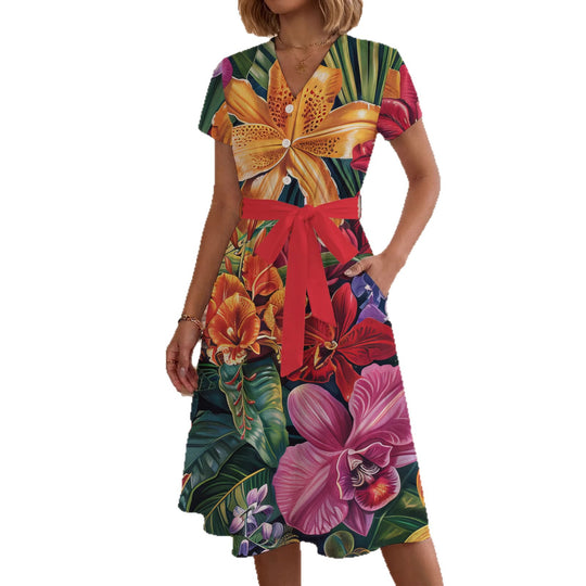 Damen Midikleid mit farbenfrohem Blumendesign und taillierbarem Bindegürtel EB
