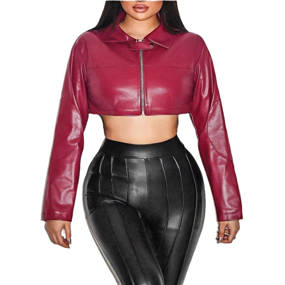 Damen cropped Kunstlederjacke mit innovativem Reißverschluss EB