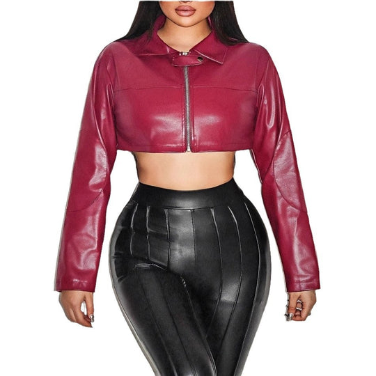 Damen cropped Kunstlederjacke mit innovativem Reißverschluss EB