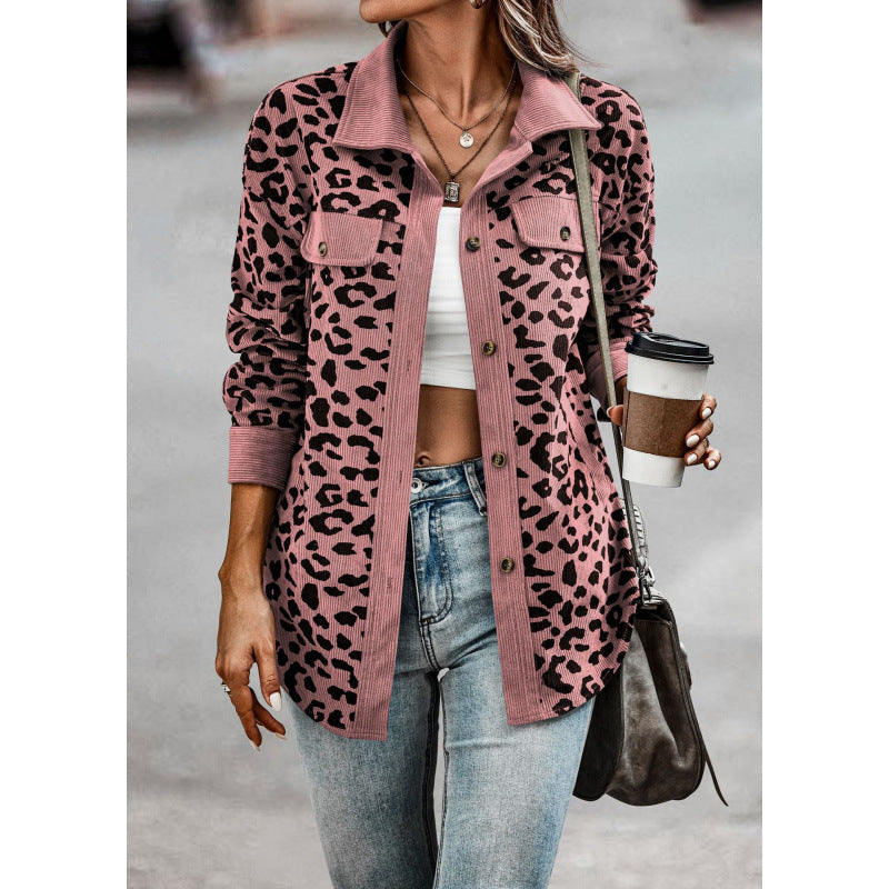 Damen tierisches Print-Langarm-Hemdjacke mit aufgesetzten Taschen EB