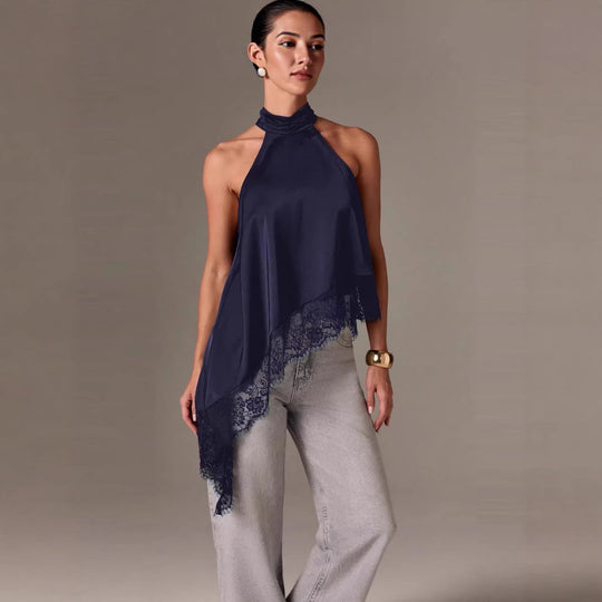 Damen luftiges Chiffon-Top mit eleganter Spitzenverzierung EB
