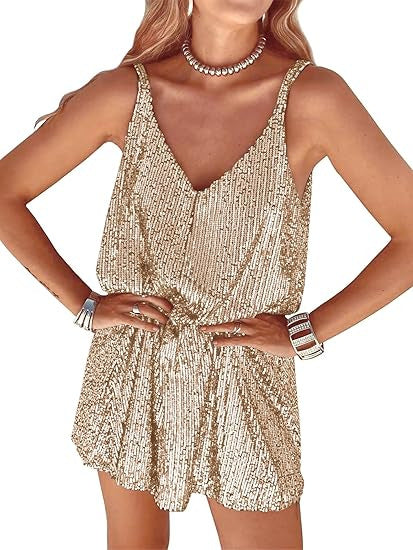 Damen Glitzerndes Jumpsuit mit tiefem V-Ausschnitt und elastischer Taille EB