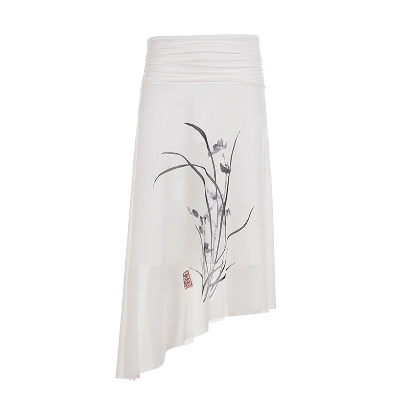Damen asymmetrischer Rock mit floralem Design und elastischem Bund EB