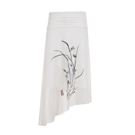 Damen asymmetrischer Rock mit floralem Design und elastischem Bund EB