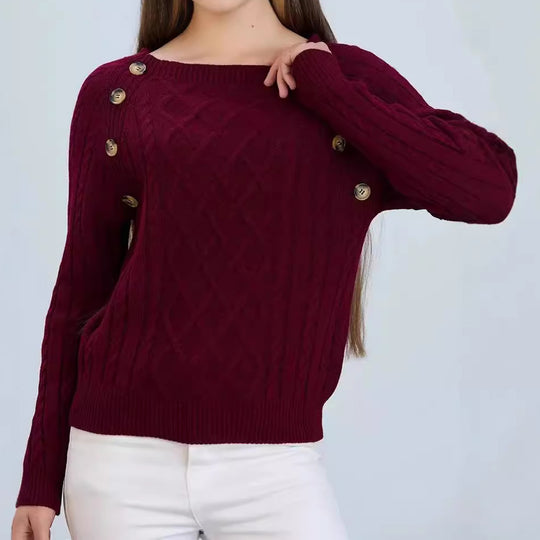 Damen Strickpullover mit klassischem Rautenmuster und dekorativen Knöpfen EB
