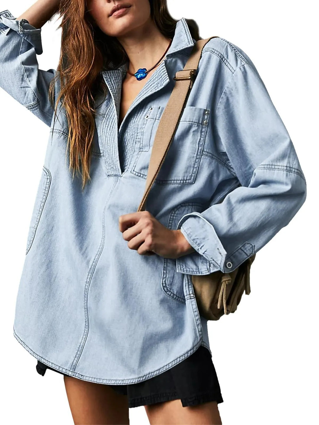 Damen Denim-Shirt mit detailreicher Steppung und lässigem Schnitt EB
