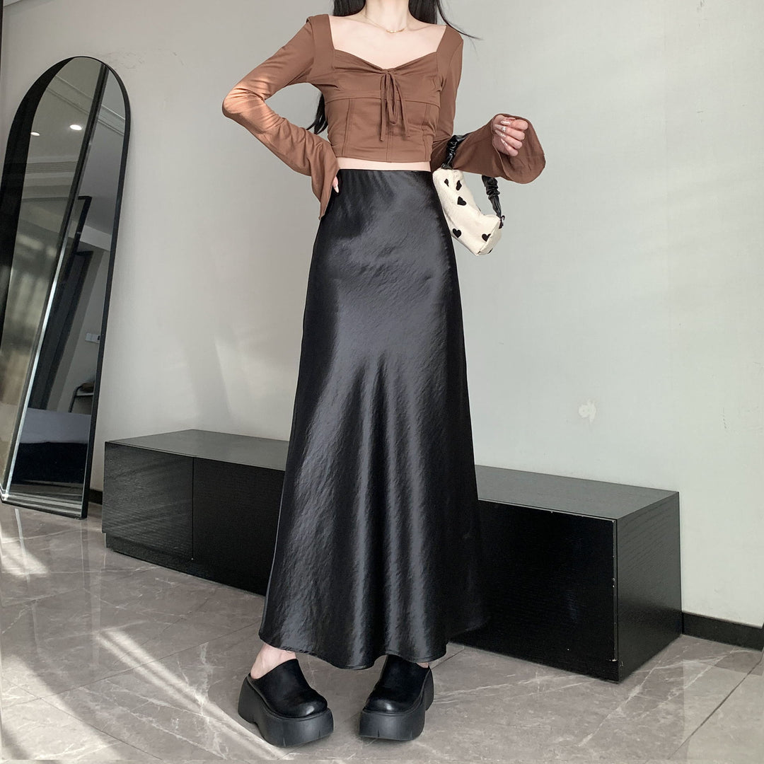 Damen  eleganter Midirock aus Satin mit A-Linie und nahtlosem Bund EB