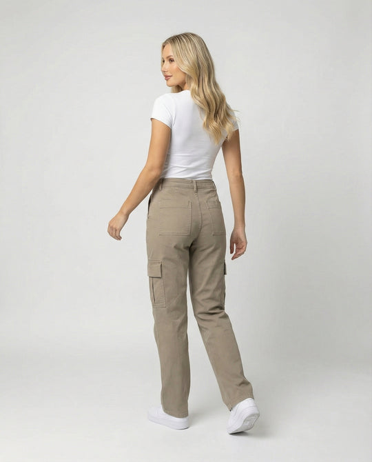 Damen hochgeschnittene Workwear-Cargohose aus robustem Baumwolltwill mit geradem Bein und aufgesetzten Klapptaschen EB