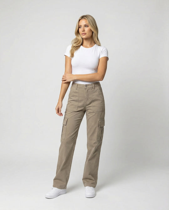 Damen hochgeschnittene Workwear-Cargohose aus robustem Baumwolltwill mit geradem Bein und aufgesetzten Klapptaschen EB