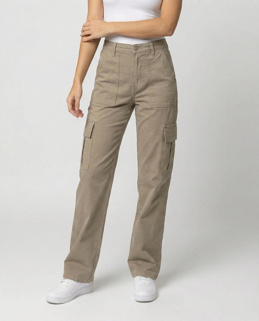 Damen hochgeschnittene Workwear-Cargohose aus robustem Baumwolltwill mit geradem Bein und aufgesetzten Klapptaschen EB