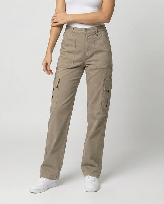 Damen hochgeschnittene Workwear-Cargohose aus robustem Baumwolltwill mit geradem Bein und aufgesetzten Klapptaschen EB