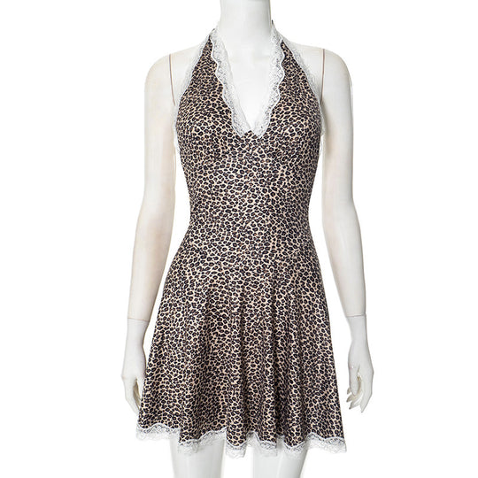 Damen Neckholder-Kleid mit elegantem Spitzenbesatz und modischem Leopardenmuster EB