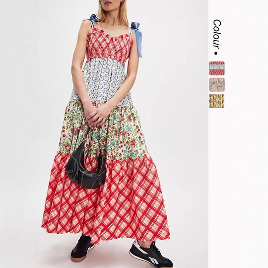 Damen Maxikleid mit floralen Mustern und voluminösem Rock EB