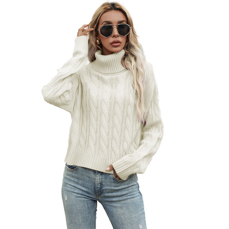 Damen Grobstrickpullover mit hohem Rollkragen und markantem Zopfmuster EB