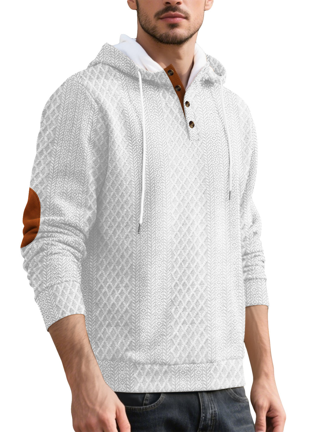Herren nan Diamond-Struktur Kapuzenpullover mit Kurzknopfleiste, gesteppter Kapuzeninnenkante und Wildleder-Ellbogenpatch EB