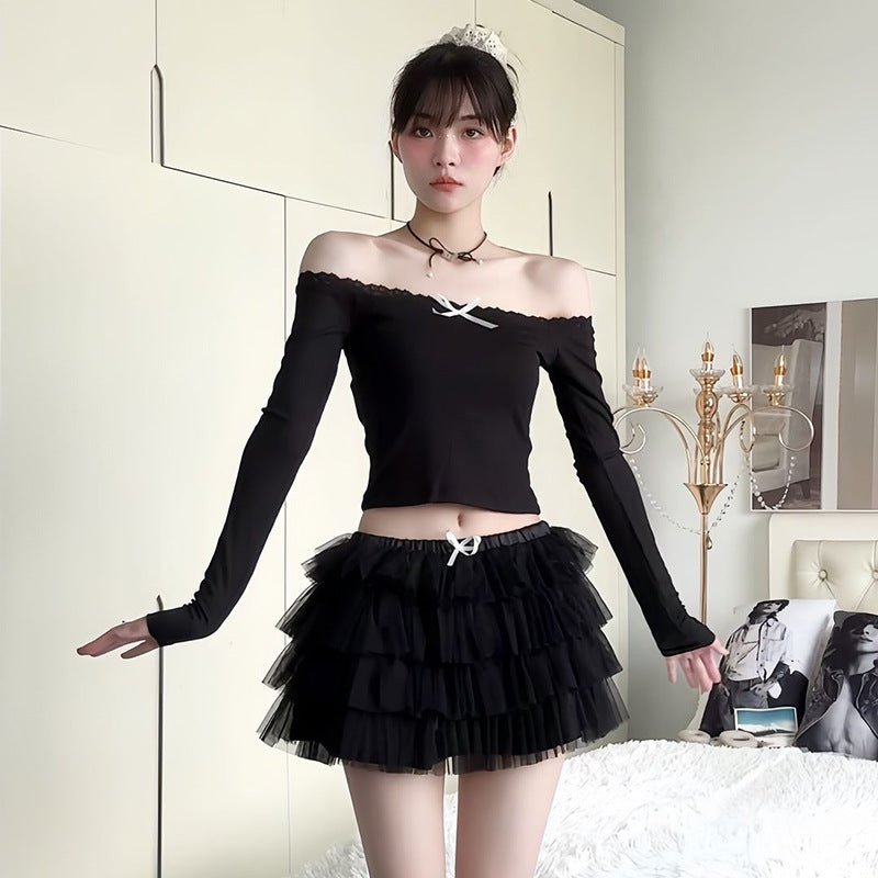 Damen Off-Shoulder Shirt mit Spitzendetails und enganliegendem Schnitt EB