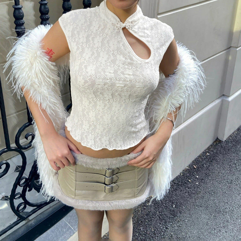 Damen Spitzenoberteil mit hochgeschlossenem Kragen und floralem Design EB
