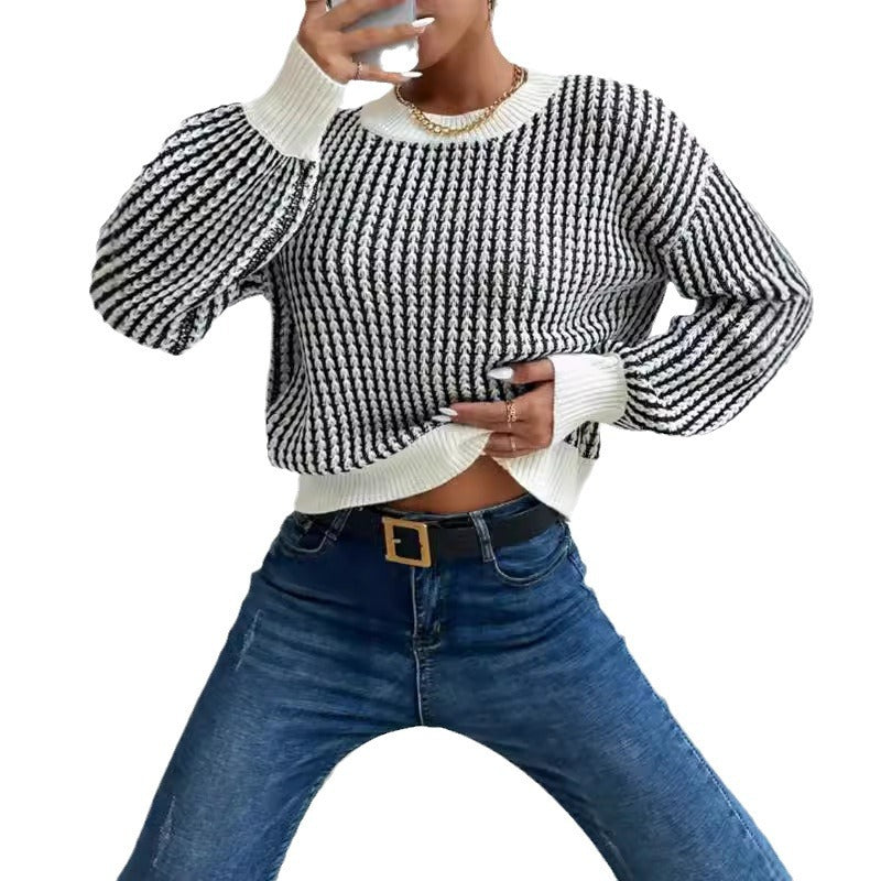 Damen lässiger Strickpullover mit voluminösen Ärmeln und strukturiertem Muster EB