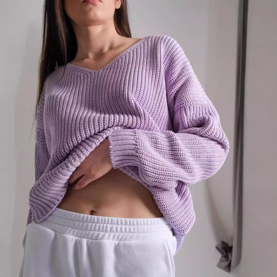Damen lässiger Strickpullover mit tiefem V-Ausschnitt und seitlichen Schlitzen EB
