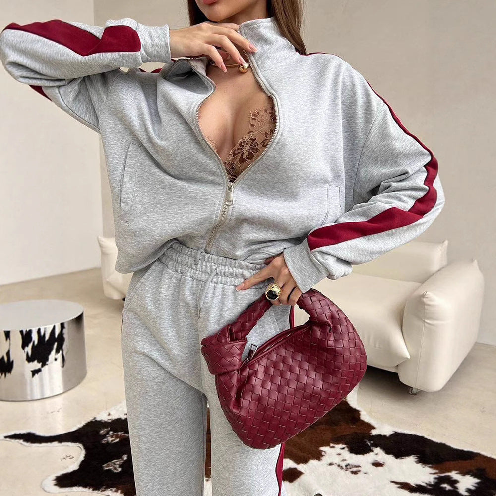 Damen Velours-Loungewear-Set mit Stehkragen, Zip-Jacke und weitem Palazzo-Hosenbein EB