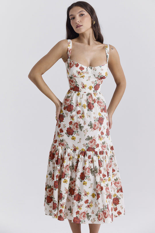 Damen Boho Maxikleid mit romantischem Blumendruck und voluminösem Rock EB