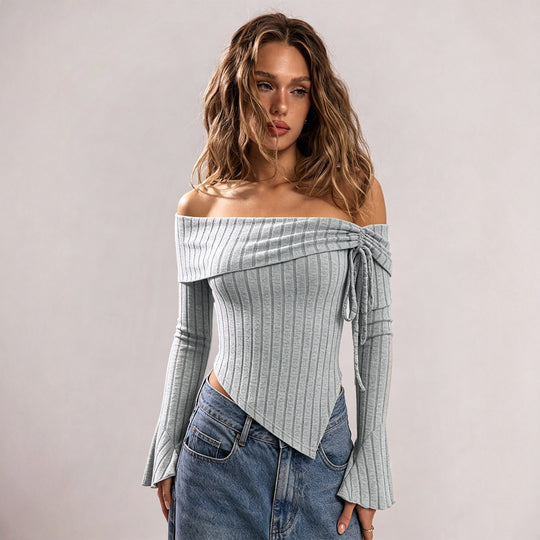 Damen schulterfreies geripptes Strick-Top mit asymmetrischem Zipfelsaum und Schnürdetail Eichborn Berlin