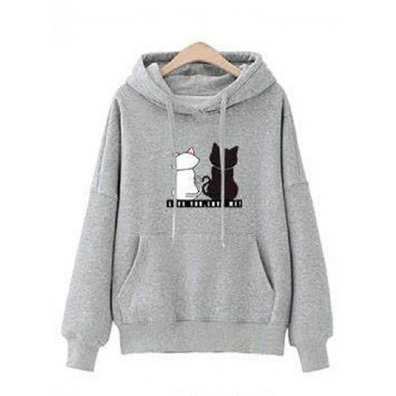 Damen Kapuzenpullover mit Katzen-Print, lockerem Schnitt und Kängurutasche EB