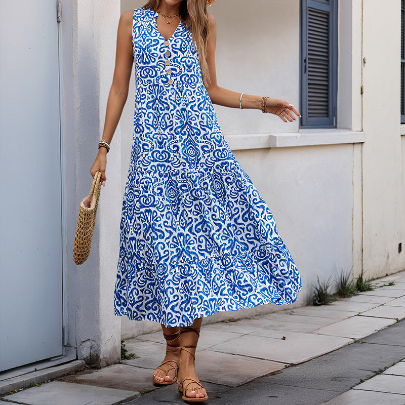 Damen Maxikleid mit romantischem Muster und tiefem V-Ausschnitt EB