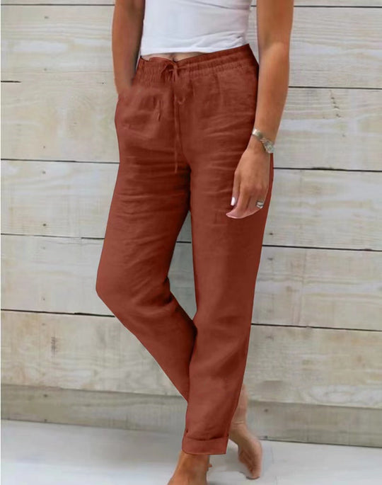 Damen nan lässige Leinenhose mit elastischem Bund und Kordelzug EB