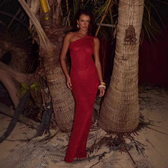Damen Elegantes asymmetrisches Maxikleid aus Netz EB