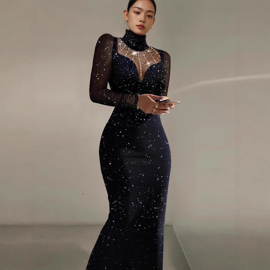 Damen Elegantes Abendkleid mit transparenten Ärmeln und schimmerndem Sternenmuster EB