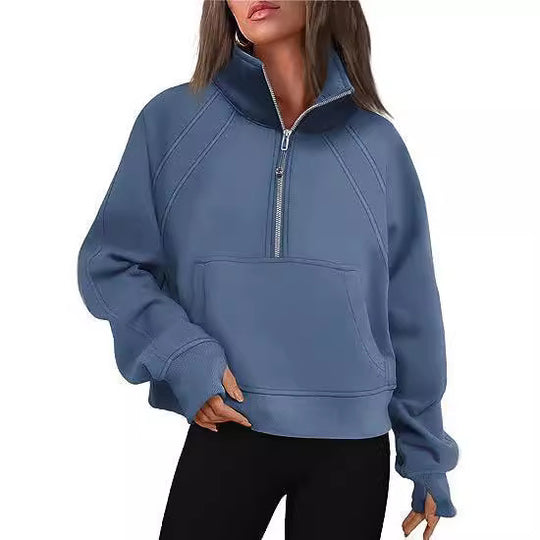 Damen kuscheliger Half-Zip Pullover mit Kapuze und Kängurutasche EB